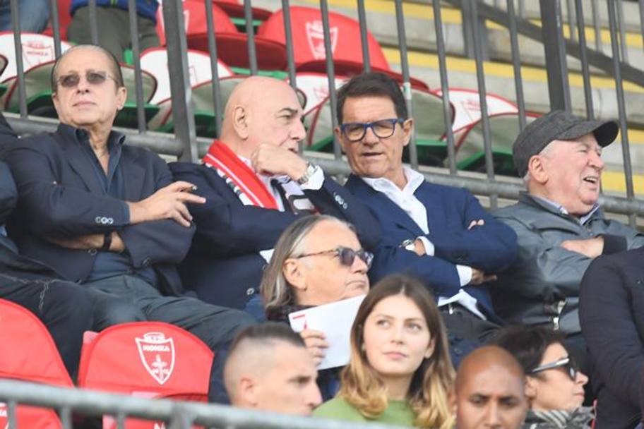 Paolo Berlusconi, Adriano Galliani, Fabio Capello e il presidente Nicola Colombo in tribuna, LaPresse